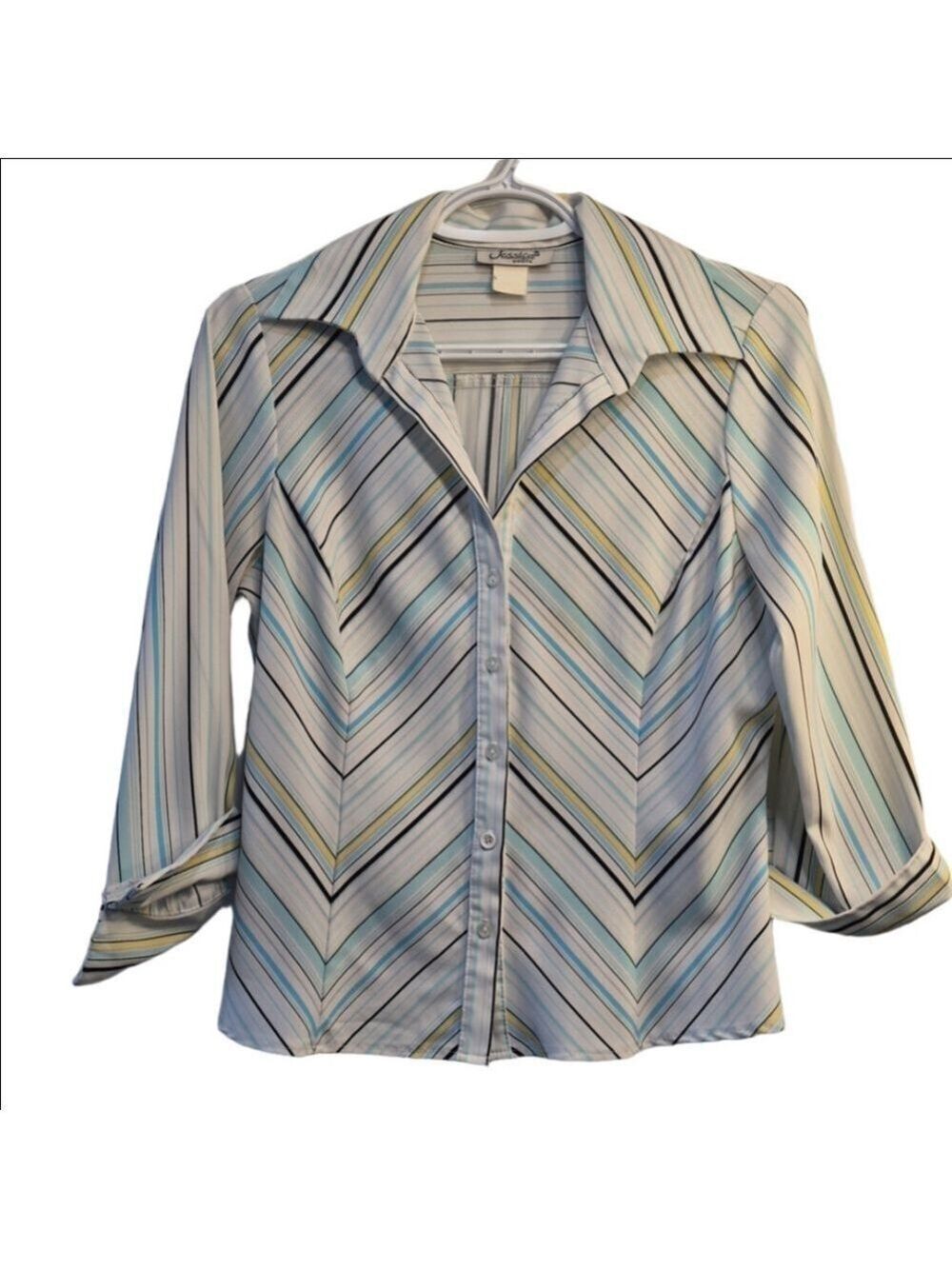 Vtg Jessica Petite Striped Knit Top 3/4 Cuff Sleeve Blue White Black Chevron